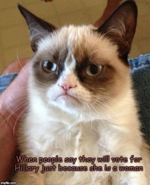 Grumpy Cat & Hillary | When people say they will vote for Hillary just because she is a woman | image tagged in memes,grumpy cat | made w/ Imgflip meme maker