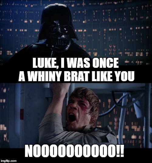 Star Wars No | LUKE, I WAS ONCE A WHINY BRAT LIKE YOU; NOOOOOOOOOO!! | image tagged in memes,star wars no | made w/ Imgflip meme maker