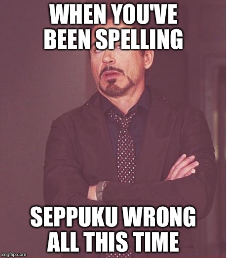 Face You Make Robert Downey Jr | WHEN YOU'VE BEEN SPELLING; SEPPUKU WRONG ALL THIS TIME | image tagged in memes,face you make robert downey jr | made w/ Imgflip meme maker
