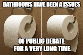 toilet paper rolls | BATHROOMS HAVE BEEN A ISSUES; OF PUBLIC DEBATE FOR A VERY LONG TIME | image tagged in toilet paper rolls | made w/ Imgflip meme maker