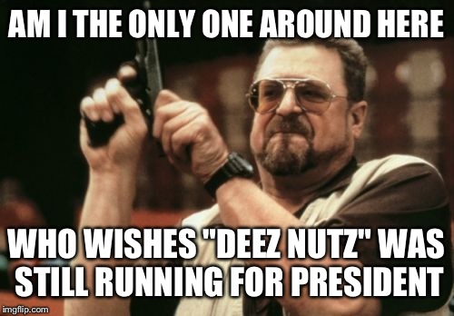 Me when I look at the presidential candidates.. | AM I THE ONLY ONE AROUND HERE; WHO WISHES "DEEZ NUTZ" WAS STILL RUNNING FOR PRESIDENT | image tagged in memes,am i the only one around here,funny | made w/ Imgflip meme maker