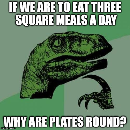 Philosoraptor | IF WE ARE TO EAT THREE SQUARE MEALS A DAY; WHY ARE PLATES ROUND? | image tagged in memes,philosoraptor | made w/ Imgflip meme maker