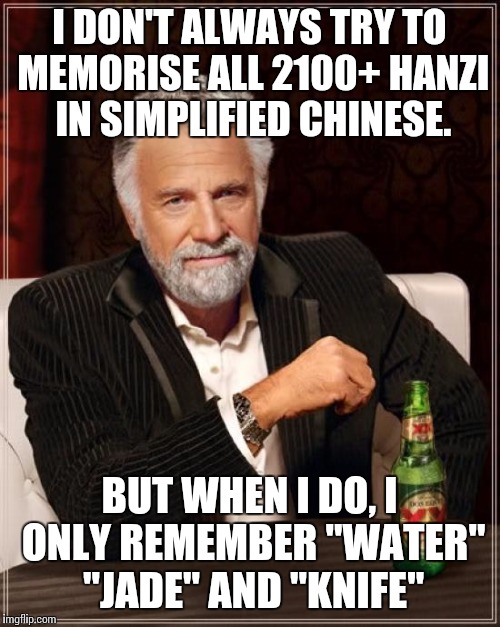 (Hanzi are Chinese characters) | This is an exaggeration, but you get my point. I'm at like 25/2150 memorised. | I DON'T ALWAYS TRY TO MEMORISE ALL 2100+ HANZI IN SIMPLIFIED CHINESE. BUT WHEN I DO, I ONLY REMEMBER "WATER" "JADE" AND "KNIFE" | image tagged in memes,the most interesting man in the world,chinese,language | made w/ Imgflip meme maker