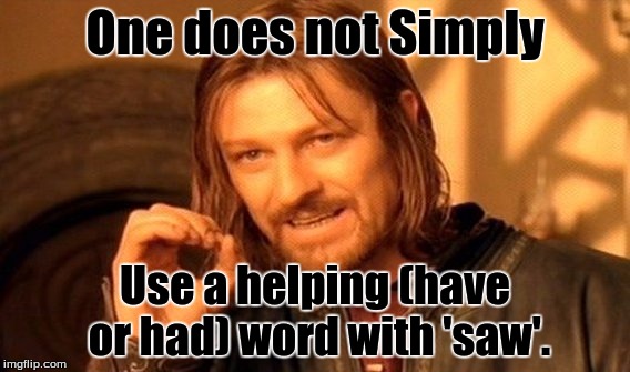 One Does Not Simply | One does not Simply; Use a helping (have or had) word with 'saw'. | image tagged in memes,one does not simply | made w/ Imgflip meme maker