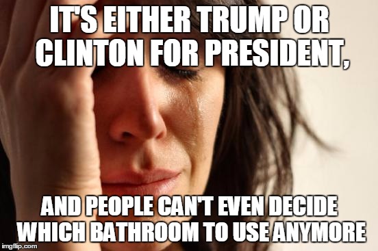 First World Problems | IT'S EITHER TRUMP OR CLINTON FOR PRESIDENT, AND PEOPLE CAN'T EVEN DECIDE WHICH BATHROOM TO USE ANYMORE | image tagged in memes,first world problems | made w/ Imgflip meme maker