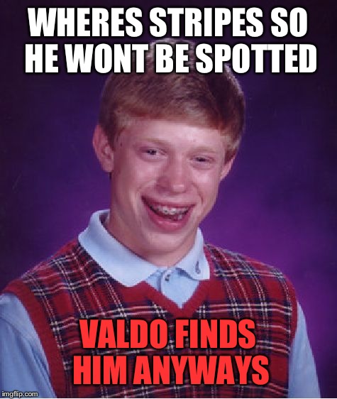 Bad Luck Brian Meme | WHERES STRIPES SO HE WONT BE SPOTTED VALDO FINDS HIM ANYWAYS | image tagged in memes,bad luck brian | made w/ Imgflip meme maker