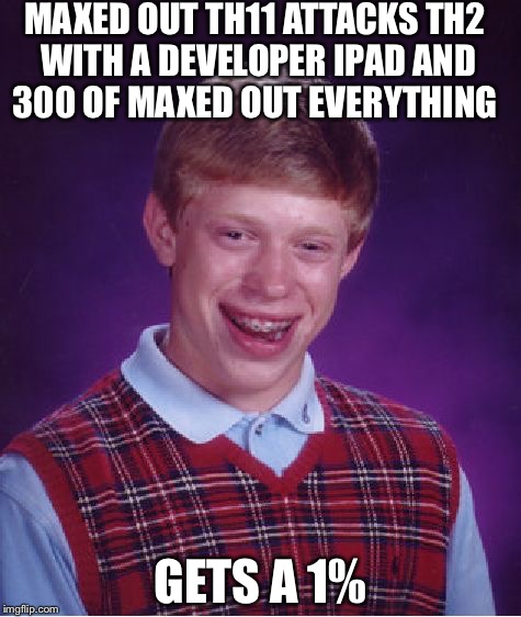 Bad Luck Brian Meme | MAXED OUT TH11 ATTACKS TH2 WITH A DEVELOPER IPAD AND 300 OF MAXED OUT EVERYTHING; GETS A 1% | image tagged in memes,bad luck brian | made w/ Imgflip meme maker