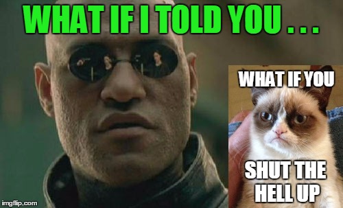 Matrix Morpheus Meme | WHAT IF I TOLD YOU . . . SHUT THE HELL UP WHAT IF YOU | image tagged in memes,matrix morpheus | made w/ Imgflip meme maker