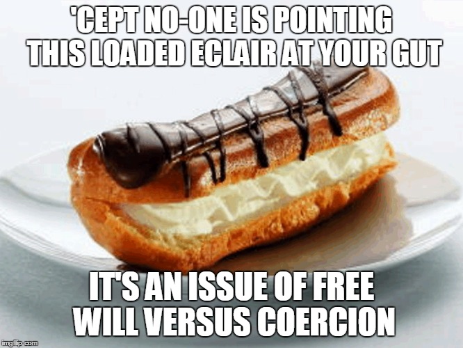 'CEPT NO-ONE IS POINTING THIS LOADED ECLAIR AT YOUR GUT IT'S AN ISSUE OF FREE WILL VERSUS COERCION | made w/ Imgflip meme maker