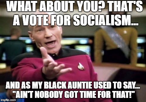 Picard Wtf Meme | WHAT ABOUT YOU? THAT'S A VOTE FOR SOCIALISM... AND AS MY BLACK AUNTIE USED TO SAY... "AIN'T NOBODY GOT TIME FOR THAT!" | image tagged in memes,picard wtf | made w/ Imgflip meme maker