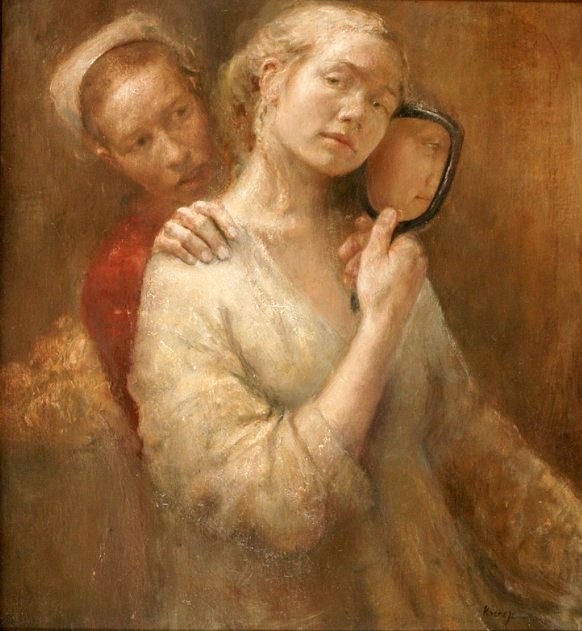 Helene Knoop (b. 1979, Norway) woman holding mirror woman behind Blank Meme Template