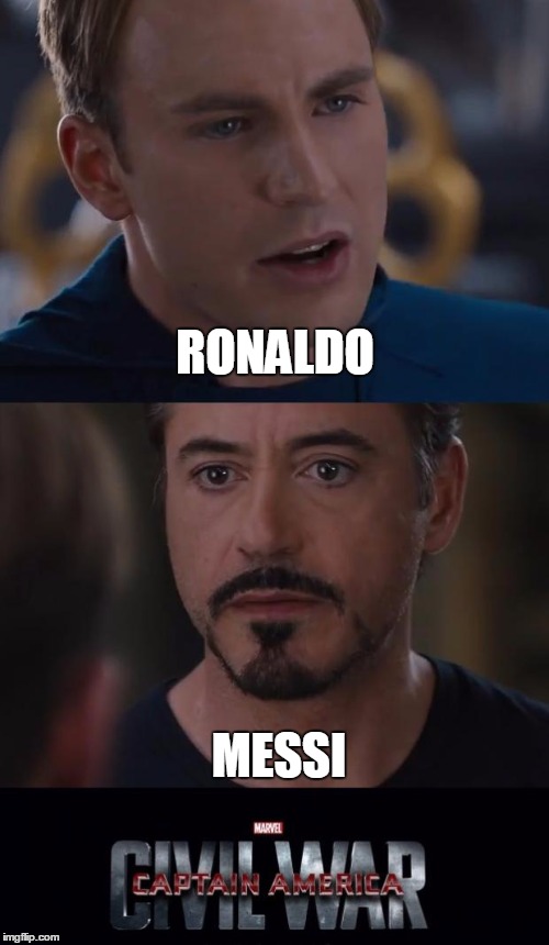 Marvel Civil War Meme | RONALDO; MESSI | image tagged in memes,marvel civil war | made w/ Imgflip meme maker