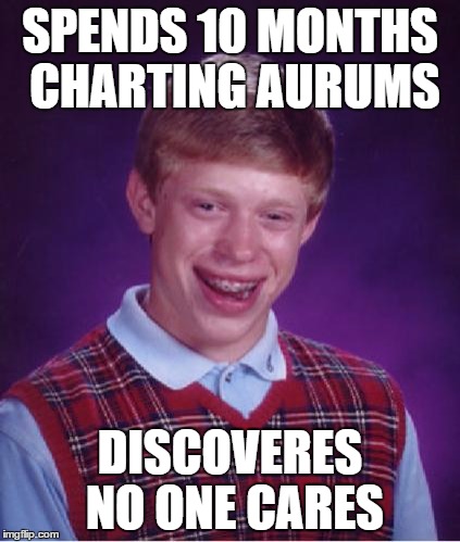 Bad Luck Brian Nerdy | SPENDS 10 MONTHS CHARTING AURUMS; DISCOVERES NO ONE CARES | image tagged in bad luck brian nerdy | made w/ Imgflip meme maker