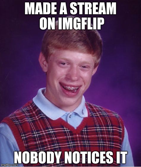 I have absolutely no clue how i'm suppose to get my stream "hot" anyways. :) | MADE A STREAM ON IMGFLIP; NOBODY NOTICES IT | image tagged in memes,bad luck brian | made w/ Imgflip meme maker
