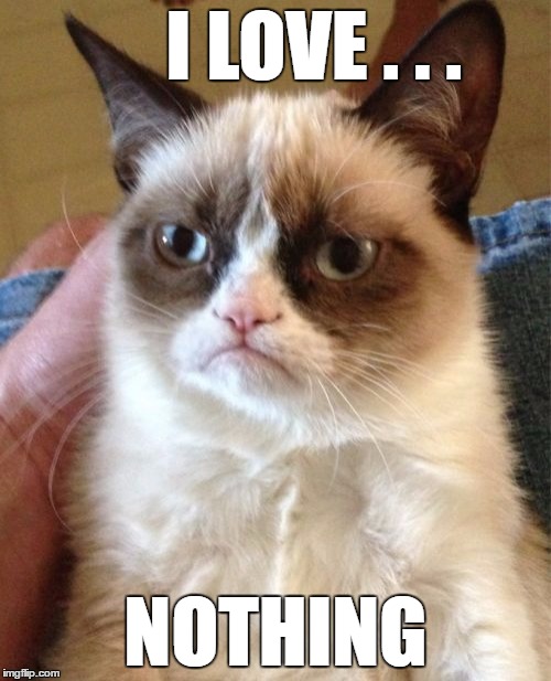 Grumpy Cat | I LOVE . . . NOTHING | image tagged in memes,grumpy cat | made w/ Imgflip meme maker