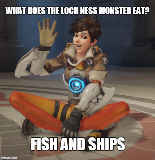 What does the Loch Ness monster eat?  | WHAT DOES THE LOCH NESS MONSTER EAT? FISH AND SHIPS | image tagged in overwatch,memes | made w/ Imgflip meme maker