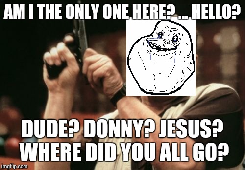 Am I The Only One Around Here | AM I THE ONLY ONE HERE? ... HELLO? DUDE? DONNY? JESUS? WHERE DID YOU ALL GO? | image tagged in memes,am i the only one around here | made w/ Imgflip meme maker