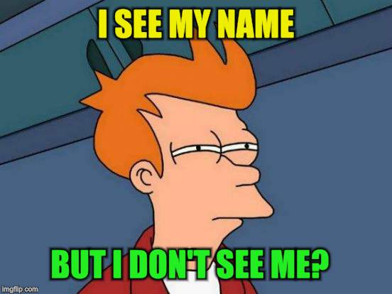 Futurama Fry Meme | I SEE MY NAME BUT I DON'T SEE ME? | image tagged in memes,futurama fry | made w/ Imgflip meme maker