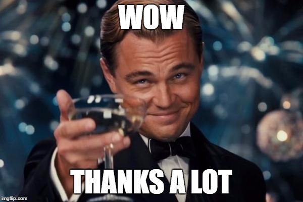 WOW THANKS A LOT | image tagged in memes,leonardo dicaprio cheers | made w/ Imgflip meme maker