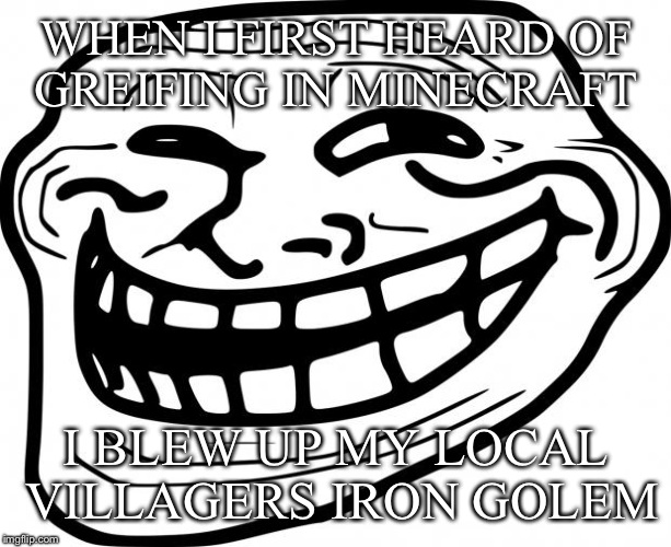 When I first heard of griefing in Minecraft | WHEN I FIRST HEARD OF GREIFING IN MINECRAFT; I BLEW UP MY LOCAL VILLAGERS IRON GOLEM | image tagged in when i first heard of griefing in minecraft | made w/ Imgflip meme maker