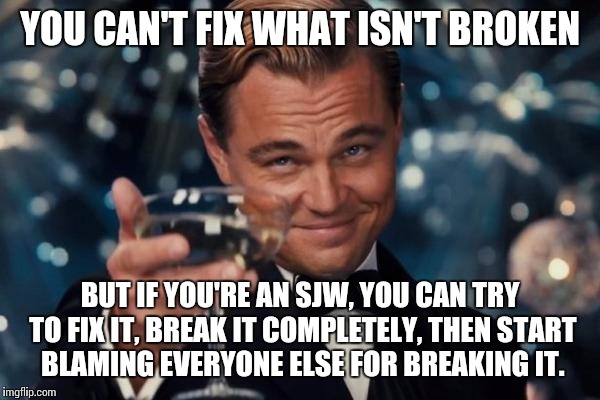 Leonardo Dicaprio Cheers Meme | YOU CAN'T FIX WHAT ISN'T BROKEN; BUT IF YOU'RE AN SJW, YOU CAN TRY TO FIX IT, BREAK IT COMPLETELY, THEN START BLAMING EVERYONE ELSE FOR BREAKING IT. | image tagged in memes,leonardo dicaprio cheers | made w/ Imgflip meme maker