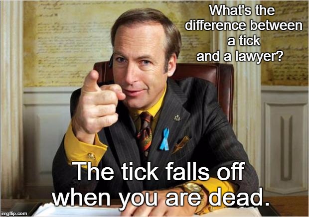 Saul friend to all | What's the difference between a tick and a lawyer? The tick falls off when you are dead. | image tagged in better call saul,funny,memes | made w/ Imgflip meme maker