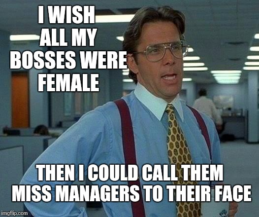 Mr. Miss Manager to you | I WISH ALL MY BOSSES WERE FEMALE; THEN I COULD CALL THEM MISS MANAGERS TO THEIR FACE | image tagged in memes,that would be great,manager | made w/ Imgflip meme maker