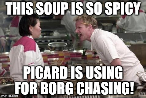 Angry Chef Gordon Ramsay Meme | THIS SOUP IS SO SPICY; PICARD IS USING FOR BORG CHASING! | image tagged in memes,angry chef gordon ramsay | made w/ Imgflip meme maker