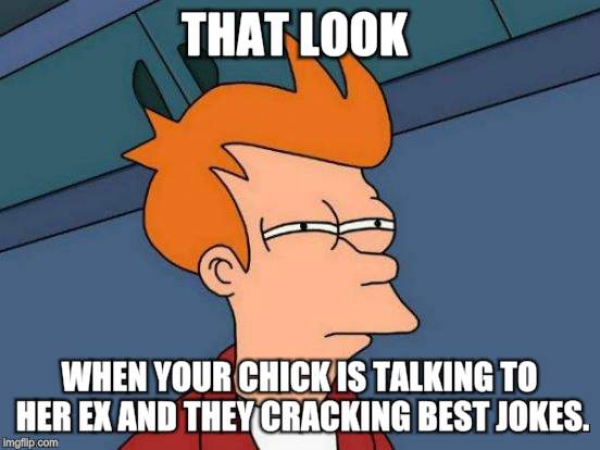 Futurama Fry Meme | THAT LOOK; WHEN YOUR CHICK IS TALKING TO HER EX AND THEY CRACKING BEST JOKES. | image tagged in memes,futurama fry | made w/ Imgflip meme maker