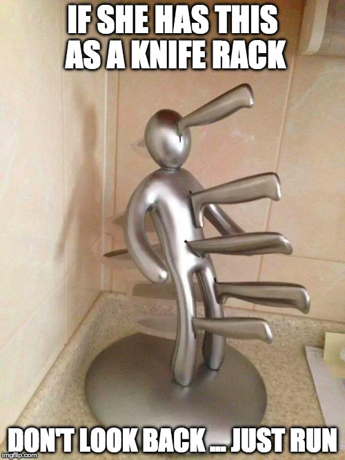 Make me a sammich...uh second thought I gotta run. | IF SHE HAS THIS AS A KNIFE RACK; DON'T LOOK BACK ... JUST RUN | image tagged in crazy bitch,knives,run | made w/ Imgflip meme maker