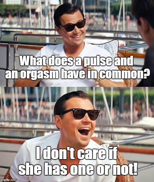 Leonardo Dicaprio Wolf Of Wall Street | What does a pulse and an orgasm have in common? I don't care if she has one or not! | image tagged in memes,leonardo dicaprio wolf of wall street | made w/ Imgflip meme maker