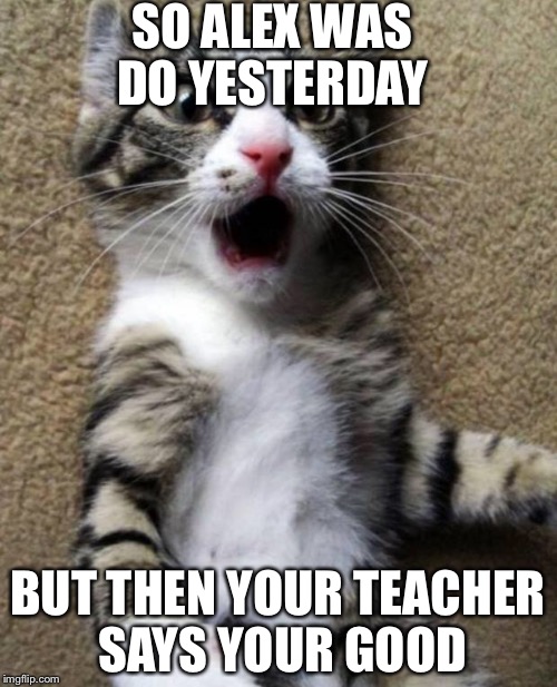 OMGCat | SO ALEX WAS DO YESTERDAY; BUT THEN YOUR TEACHER SAYS YOUR GOOD | image tagged in omgcat | made w/ Imgflip meme maker