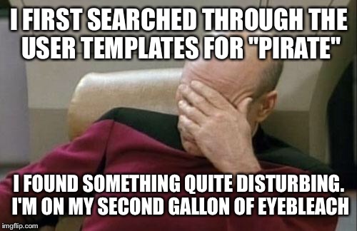 Captain Picard Facepalm Meme | I FIRST SEARCHED THROUGH THE USER TEMPLATES FOR "PIRATE" I FOUND SOMETHING QUITE DISTURBING. I'M ON MY SECOND GALLON OF EYEBLEACH | image tagged in memes,captain picard facepalm | made w/ Imgflip meme maker