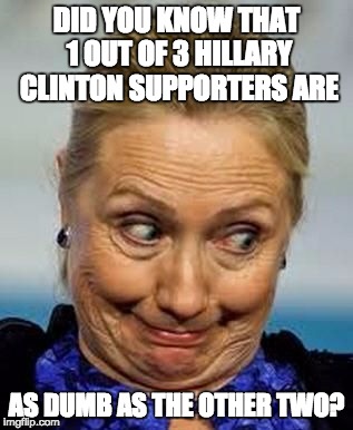 hillaryemail | DID YOU KNOW THAT 1 OUT OF 3 HILLARY CLINTON SUPPORTERS ARE; AS DUMB AS THE OTHER TWO? | image tagged in hillaryemail | made w/ Imgflip meme maker