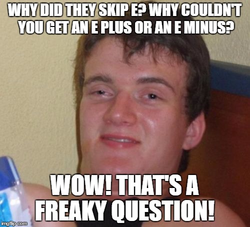 10 Guy Meme | WHY DID THEY SKIP E? WHY COULDN'T YOU GET AN E PLUS OR AN E MINUS? WOW! THAT'S A FREAKY QUESTION! | image tagged in memes,10 guy | made w/ Imgflip meme maker