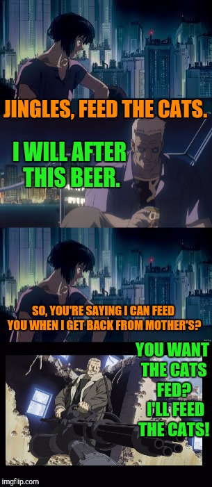 I'll feed the cats!   My cats are looks, but I really don't mind feeding them | JINGLES, FEED THE CATS. I WILL AFTER THIS BEER. SO, YOU'RE SAYING I CAN FEED YOU WHEN I GET BACK FROM MOTHER'S? YOU WANT THE CATS FED?  I'LL FEED THE CATS! | image tagged in cats | made w/ Imgflip meme maker