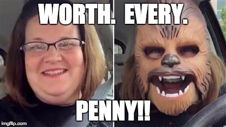 Worth. Every. Penny!! | WORTH.  EVERY. PENNY!! | image tagged in chewbacca mom,chewbacca,candice,worth every penny,worth,every | made w/ Imgflip meme maker