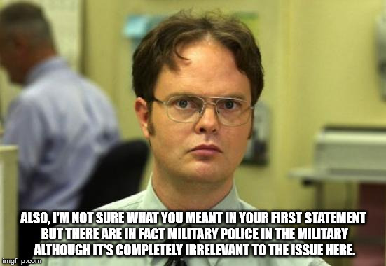 Dwight Schrute Meme | ALSO, I'M NOT SURE WHAT YOU MEANT IN YOUR FIRST STATEMENT BUT THERE ARE IN FACT MILITARY POLICE IN THE MILITARY ALTHOUGH IT'S COMPLETELY IRRELEVANT TO THE ISSUE HERE. | image tagged in memes,dwight schrute | made w/ Imgflip meme maker