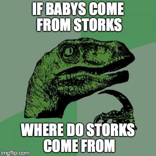 Philosoraptor Meme | IF BABYS COME FROM STORKS; WHERE DO STORKS COME FROM | image tagged in memes,philosoraptor | made w/ Imgflip meme maker