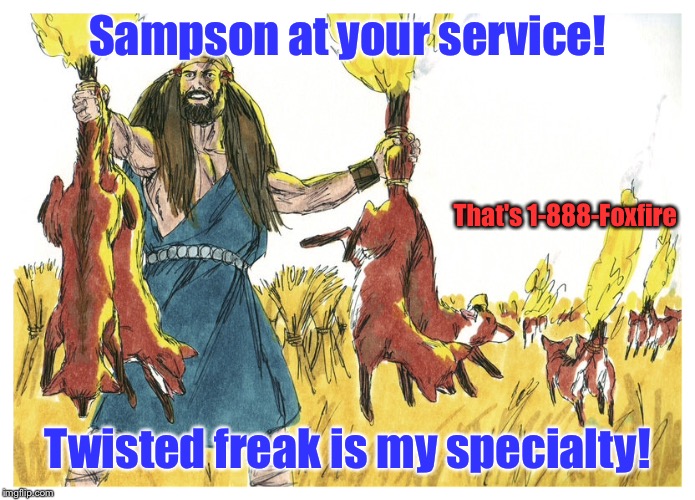 Sampson at your service! Twisted freak is my specialty! That's 1-888-Foxfire | made w/ Imgflip meme maker