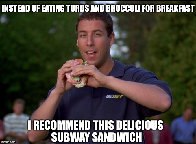 INSTEAD OF EATING TURDS AND BROCCOLI FOR BREAKFAST I RECOMMEND THIS DELICIOUS SUBWAY SANDWICH | made w/ Imgflip meme maker