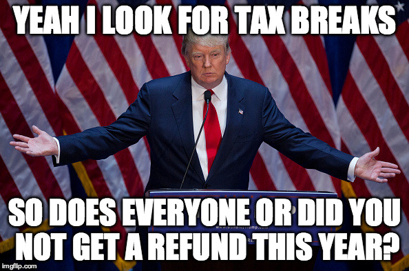 Trump wants tax breaks. Just like EVERY person in America. Jealousy turns into hate. Hate for other reason if you must. Not this | YEAH I LOOK FOR TAX BREAKS; SO DOES EVERYONE OR DID YOU NOT GET A REFUND THIS YEAR? | image tagged in donald trump,taxes,haters gonna hate,hate,trump wall | made w/ Imgflip meme maker