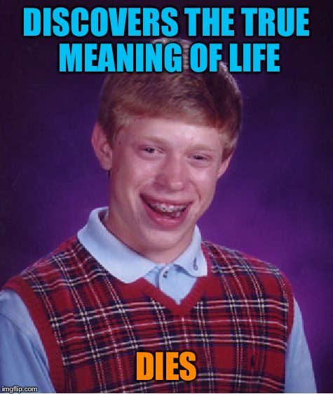 Will the bad luck ever end? | DISCOVERS THE TRUE MEANING OF LIFE; DIES | image tagged in memes,bad luck brian,funny | made w/ Imgflip meme maker