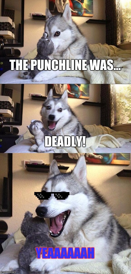 Bad Pun Dog Meme | THE PUNCHLINE WAS... DEADLY! YEAAAAAAH | image tagged in memes,bad pun dog | made w/ Imgflip meme maker
