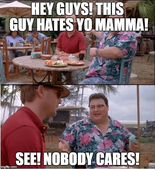 See Nobody Cares Meme | HEY GUYS! THIS GUY HATES YO MAMMA! SEE! NOBODY CARES! | image tagged in memes,see nobody cares | made w/ Imgflip meme maker