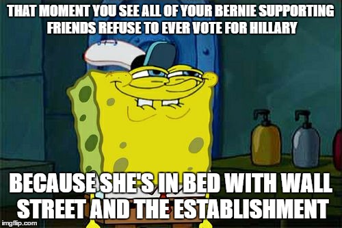 Don't You Squidward Meme | THAT MOMENT YOU SEE ALL OF YOUR BERNIE SUPPORTING FRIENDS REFUSE TO EVER VOTE FOR HILLARY BECAUSE SHE'S IN BED WITH WALL STREET AND THE ESTA | image tagged in memes,dont you squidward | made w/ Imgflip meme maker