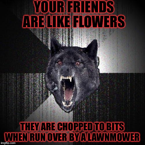 Insanity Wolf Meme | YOUR FRIENDS ARE LIKE FLOWERS; THEY ARE CHOPPED TO BITS WHEN RUN OVER BY A LAWNMOWER | image tagged in memes,insanity wolf | made w/ Imgflip meme maker