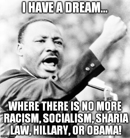I have a dream | I HAVE A DREAM... WHERE THERE IS NO MORE RACISM, SOCIALISM, SHARIA LAW, HILLARY, OR OBAMA! | image tagged in martin luther king jr | made w/ Imgflip meme maker