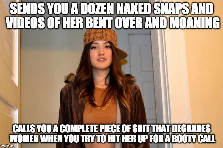 Scumbag Stephanie  | SENDS YOU A DOZEN NAKED SNAPS AND VIDEOS OF HER BENT OVER AND MOANING; CALLS YOU A COMPLETE PIECE OF SHIT THAT DEGRADES WOMEN WHEN YOU TRY TO HIT HER UP FOR A BOOTY CALL | image tagged in scumbag stephanie,AdviceAnimals | made w/ Imgflip meme maker