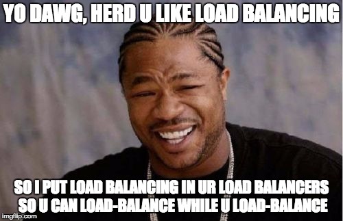 Yo Dawg Heard You Meme | YO DAWG, HERD U LIKE LOAD BALANCING; SO I PUT LOAD BALANCING IN UR LOAD BALANCERS SO U CAN LOAD-BALANCE WHILE U LOAD-BALANCE | image tagged in memes,yo dawg heard you | made w/ Imgflip meme maker